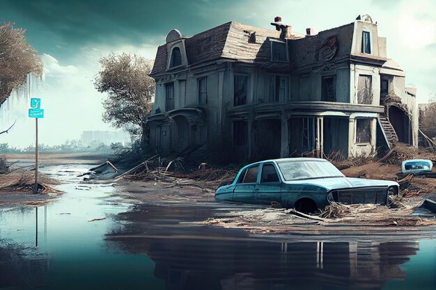 Ruins of flooded city streets with broken cars and ruined houses flood consequences