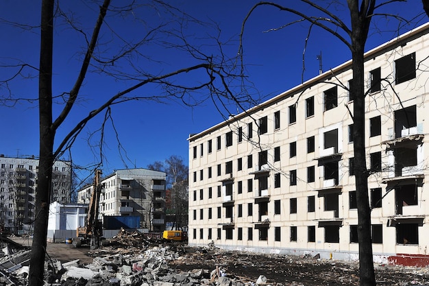 Ruins of a house demolition of old houses under the renovation program in northern Izmailovo Moscow