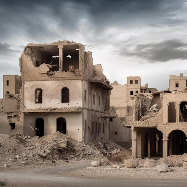 The ruins of an houses in the desert war concept