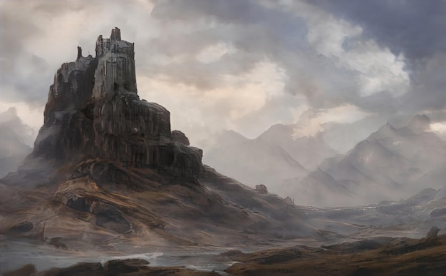 Ruins of medieval castle on cliff in mountains Fantastic magical landscape of mountains at sunset Old castle in fairyland fairy tale 3d illustration