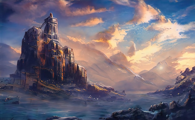 Ruins of medieval castle on cliff in mountains Fantastic magical landscape of mountains at sunset Old castle in fairyland fairy tale 3d illustration