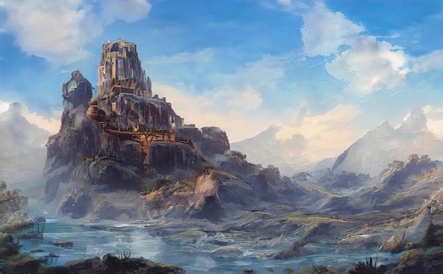 Ruins old castle on mountain, mystical fantastic landscape. Panorama of the ruins of the castle of the kingdom on the rock. Illustration