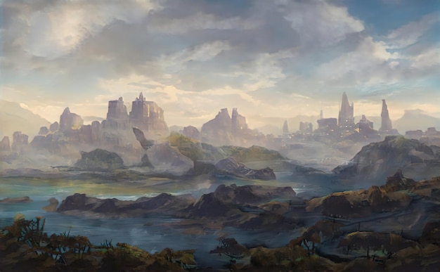 Ruins old castle on mountain, mystical fantastic landscape. Panorama of the ruins of the castle of the kingdom on the rock. Illustration