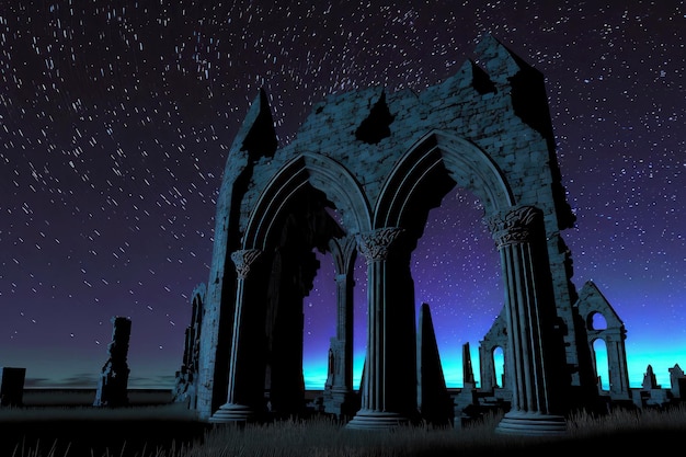 Ruins of old church illuminated by gradient light on starfall night