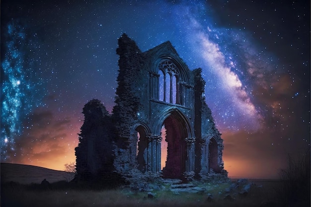 Ruins of old church illuminated by milky way on starfall night