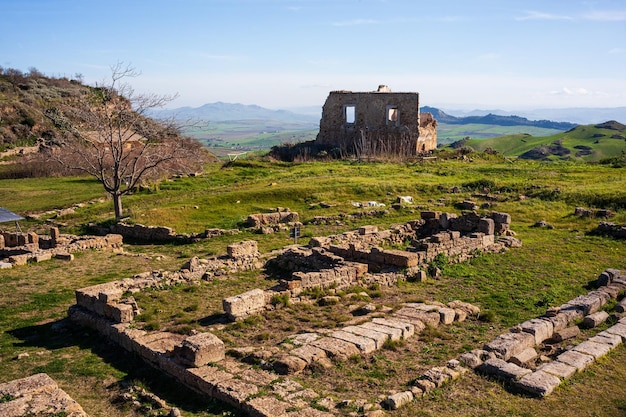 Ruins of old town in Morgantina archaeological site Sicily