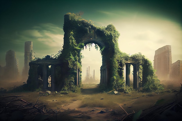 Ruins overgrown by plants In background the last remains of a city skyline after the apocalypse Generative AI