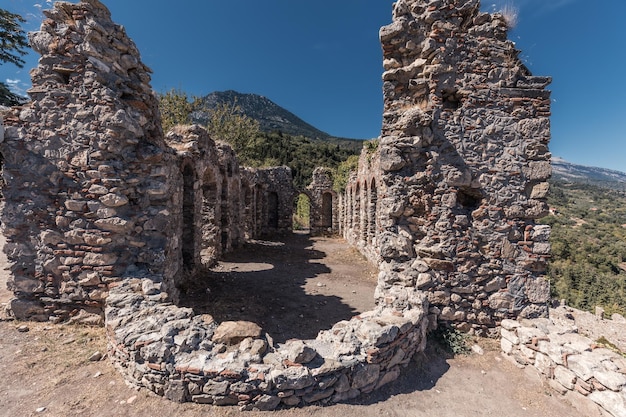 Ruins of stone church in ancient Villehardouin castle Mystras Greece