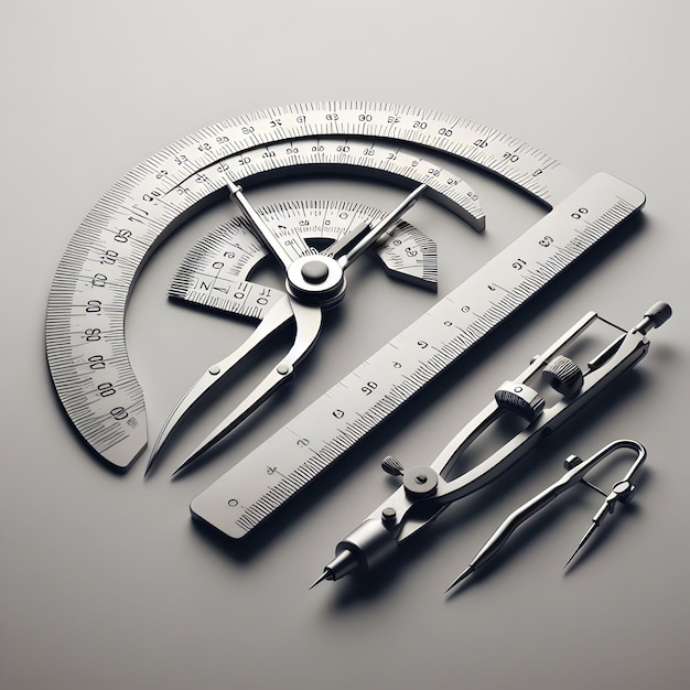 A ruler protractor and compass set for geometry class isolated on a plain precise gray background