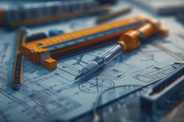 a ruler and a ruler are on a table with other pens