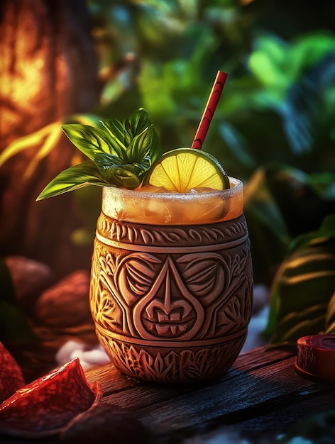 Photo rum punch served in a tropicalthemed tiki glass