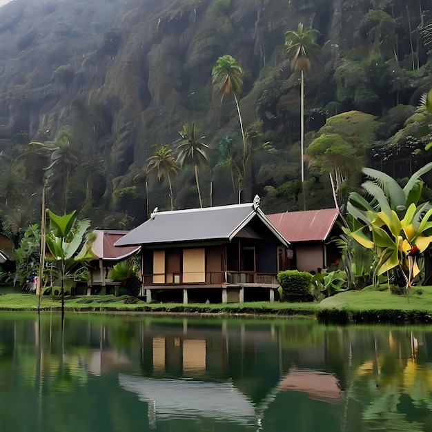 rumah di desa dengan pemandangan gunung gnearated by AI