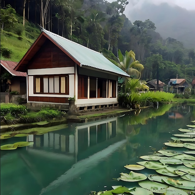 rumah di desa dengan pemandangan gunung gnearated by AI