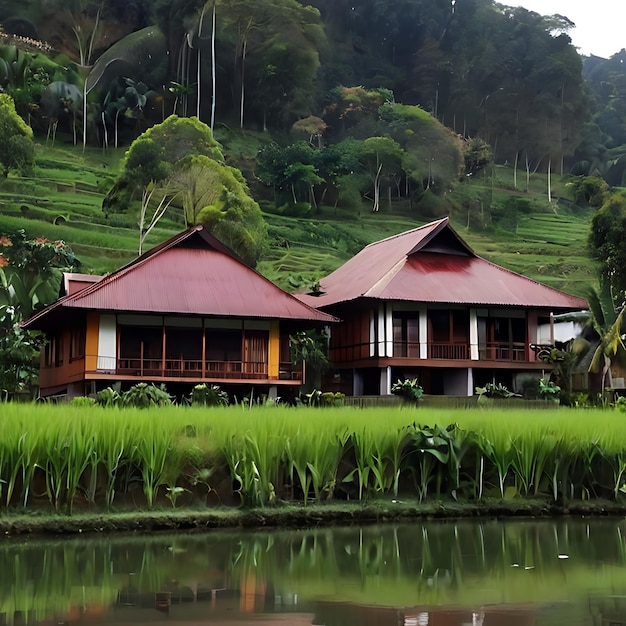 rumah di desa dengan pemandangan gunung gnearated by AI