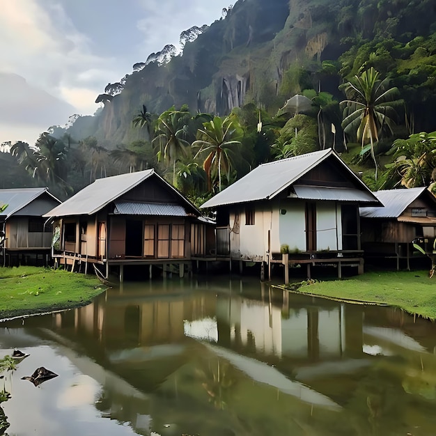 Photo rumah di desa dengan pemandangan gunung gnearated by ai