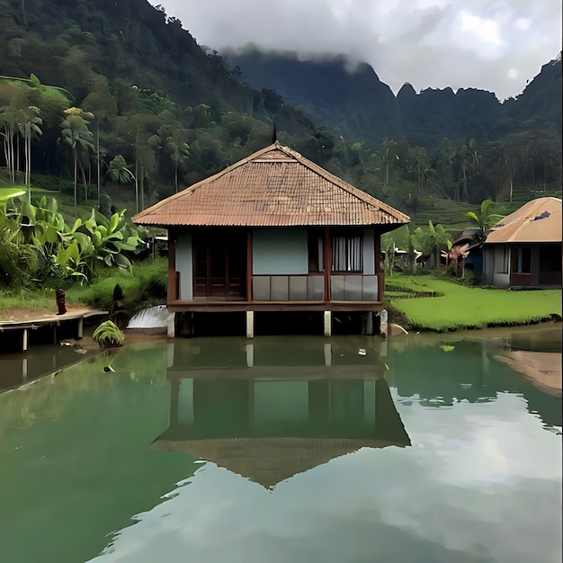 rumah di desa dengan pemandangan gunung gnearated by AI