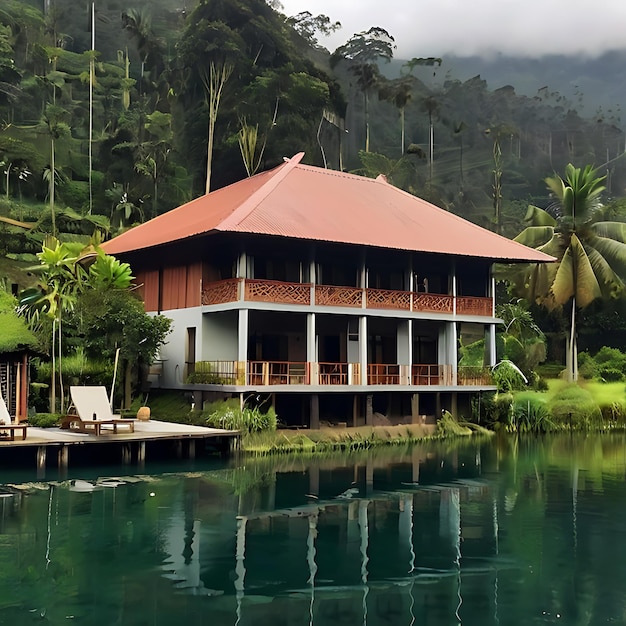 rumah di desa dengan pemandangan gunung gnearated by AI