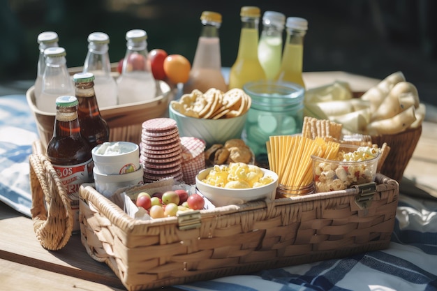 Rummage through a picnic basket full of snacks drinks and other treats created with generative ai