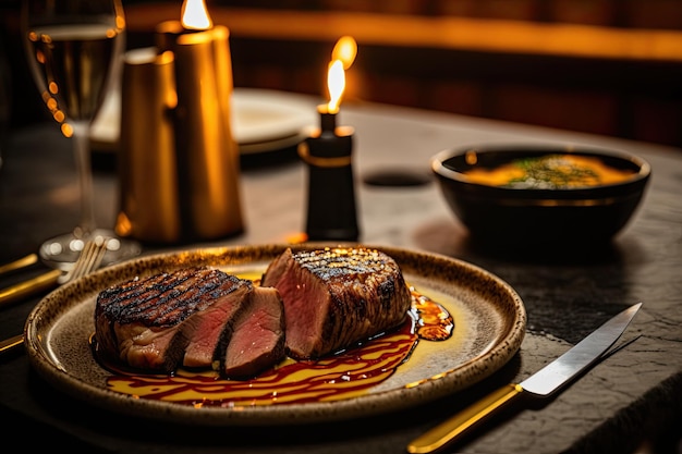 Rump steak grilled on a hot plate with golden and crunchy marks