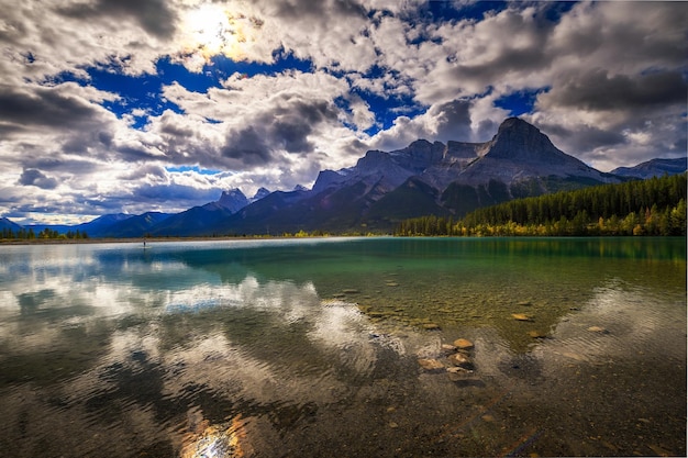 Rundle forebay reservoir with rocky mountains in canmore canada