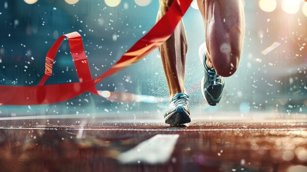 Photo runner crossing finish line during rainy marathon event at night in urban environment