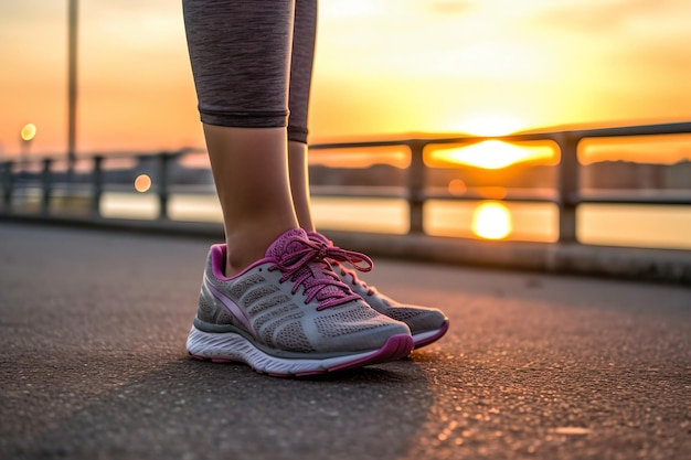 Runner feet running on road closeup on shoe woman fitness sunrise jog workout welness concept