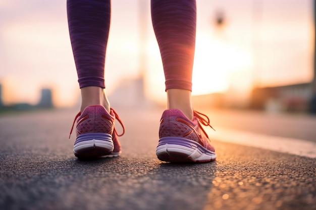 Runner feet running on road closeup on shoe woman fitness sunrise jog workout welness concept