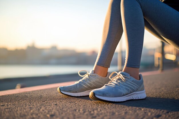 Runner feet running on road closeup on shoe woman fitness sunrise jog workout welness concept