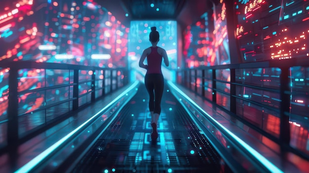 Photo a runner on a futuristic treadmill with holographic scenery projections