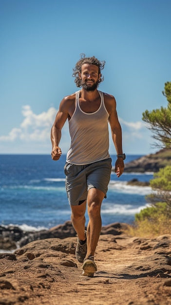 A runner is exercising outside in the wild on the beach shore