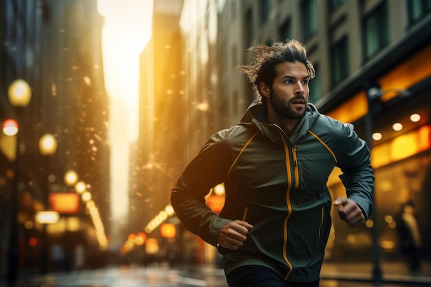 A runner in motion on a bustling city street Created with generative AI technology