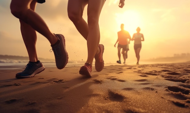 Runners on the beach early in the morning Group of fit people exercising outdoors Generative AI