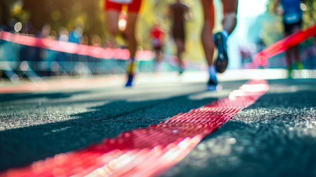 Photo runners crossing finish line in a marathon vibrant race day scene