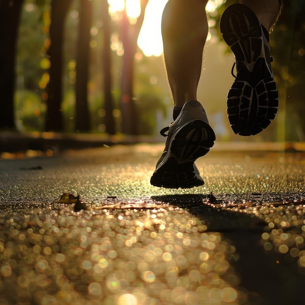 Runners feet on a sunlit path focusing on movement and determination