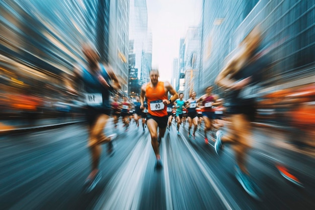 Photo runners in motion blurred during a city marathon