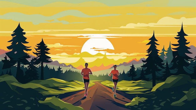 runners in the mountains with sun in the background.