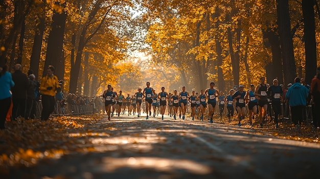 Runners race through a fall foliage lined pathway