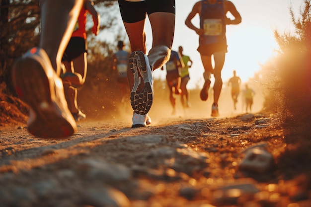 Runners in a race with a sunset in the background Generative AI