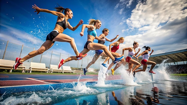 Runners running through the steeplechase water bake on a running track steeplechase females athlete