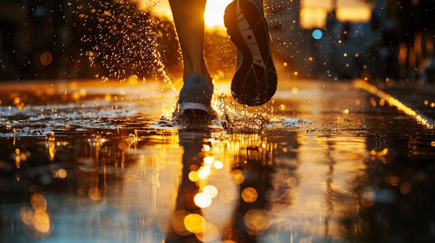 A runners sneakers hitting the ground kicking up sparks of light in a magical early morning setting