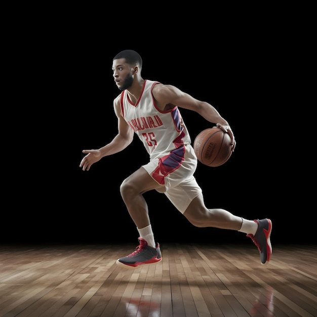 Running basketball player dribble on wooden floor on black background