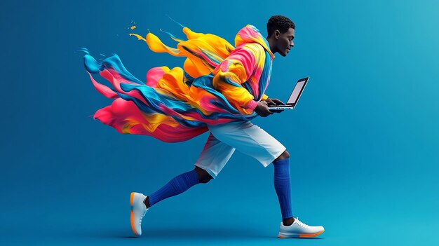 Running Character with a Laptop Exaggerated Movements and Colorful Coat in Cartoon Style