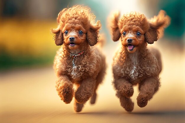 Running on gr brown little poodles on blurry background