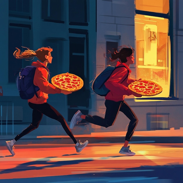 Photo running into the sunset where pizza meets romance