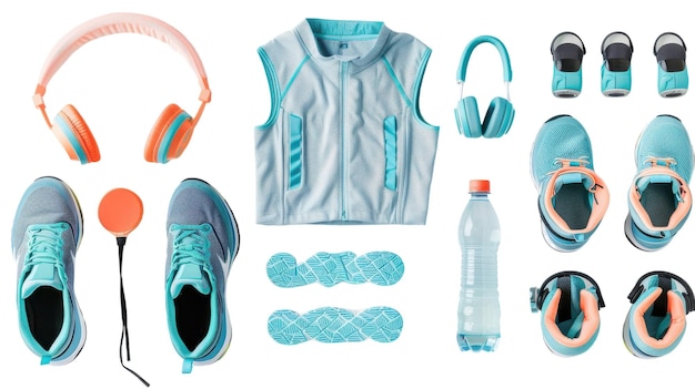 Running Outfit Laid Out with Shoes and Water on white background