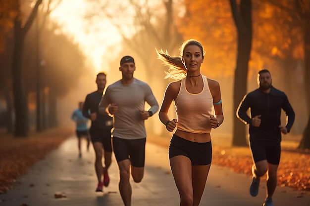 Running people in misty park at sunrise Healthy lifestyle concept