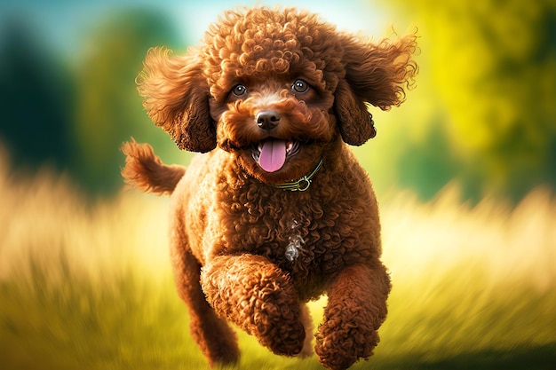 Running red smiling little poodles against blurry field