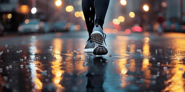 Running in Sneakers on Rainy City Street at Dusk Concept Rainy Street Photography Urban Running Dusk Photoshoot Cityscape Sneakers Athletic Lifestyle