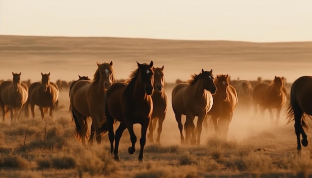 Running stallion in tranquil meadow at sunset generated by AI