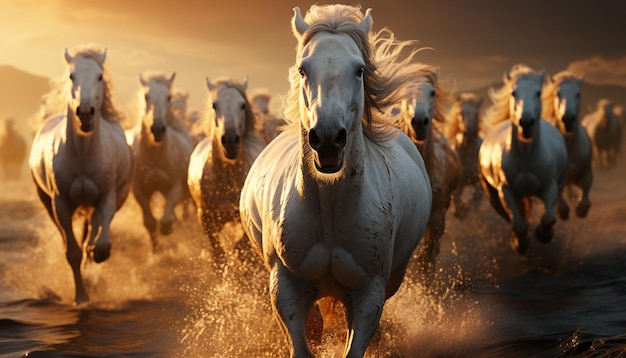 Running stallions in a meadow racing towards the setting sun generated by artificial intelligence